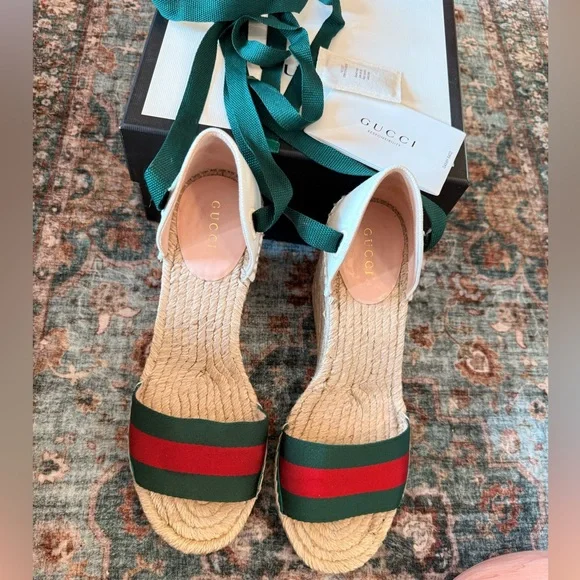 GUCCI Sherry Web Stripe Espadrille Wedges | Ankle Wrap | EU 38 (US 7.5–8) - Picture 5 of 9